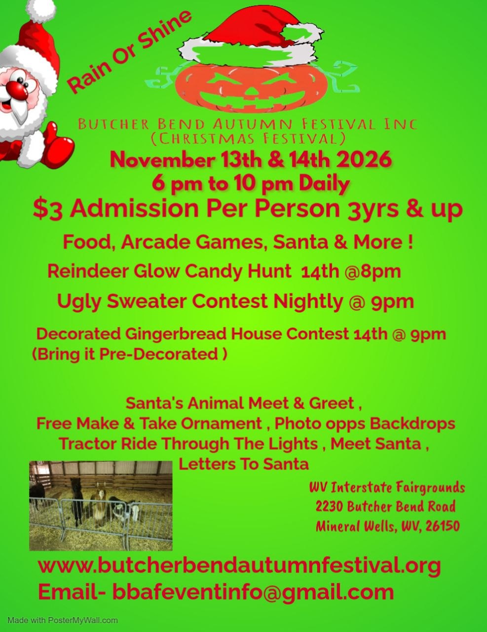 Butcher Bend Christmas Festival flyer โ November 13 and 14, 2026, 6 to 10 PM, $3 admission ages 3 and up