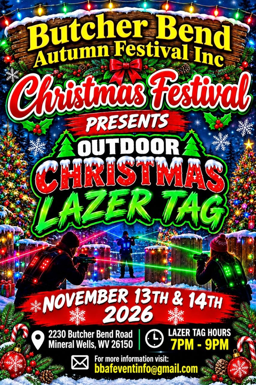 Free Outdoor Christmas Lazer Tag flyer โ November 13 and 14, 2026, 7 to 9 PM, rain or shine