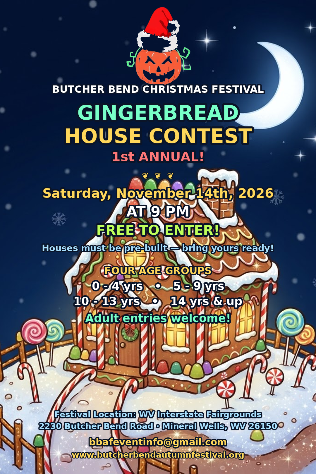 1st Annual Gingerbread House Contest flyer โ Saturday November 14, 2026 at 9 PM, free to enter, pre-built houses, four age groups