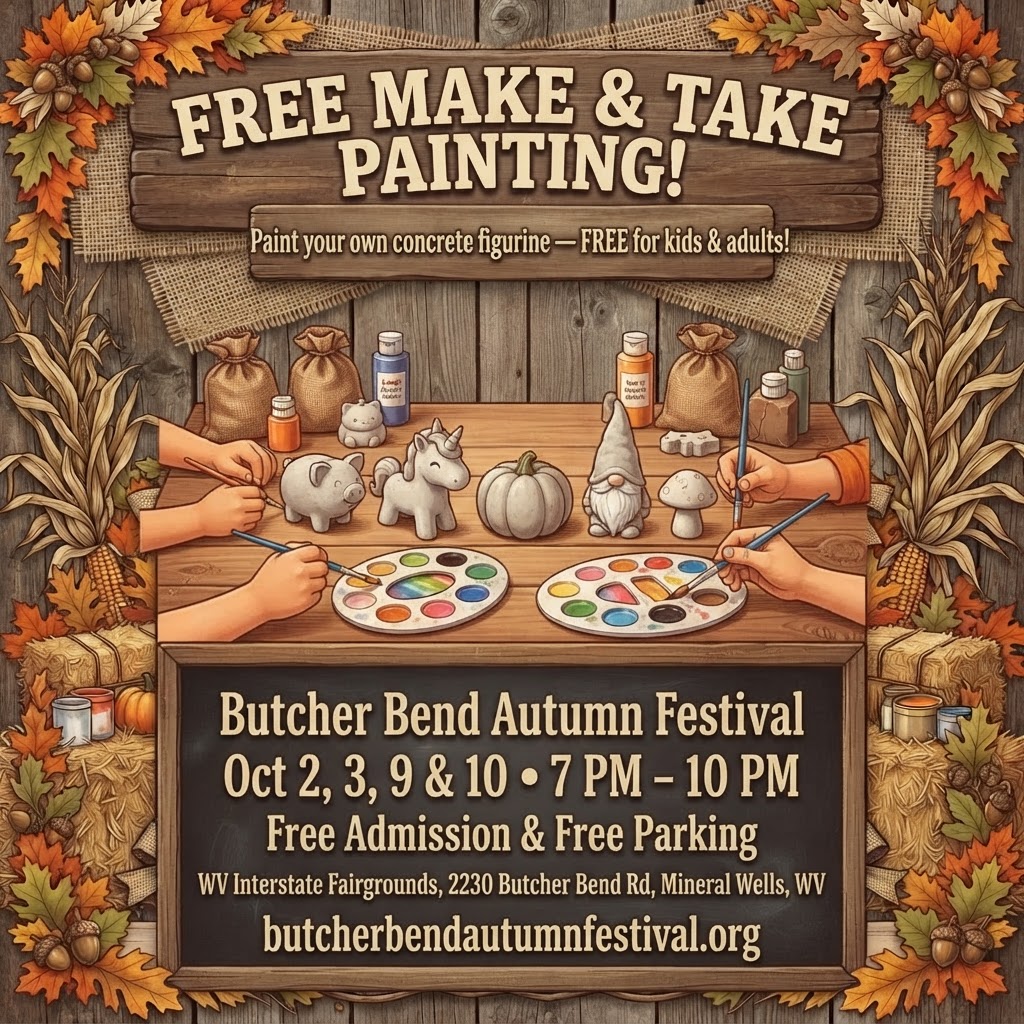 Free Make and Take Painting flyer — paint concrete pigs, unicorns and pumpkins at the Butcher Bend Autumn Festival