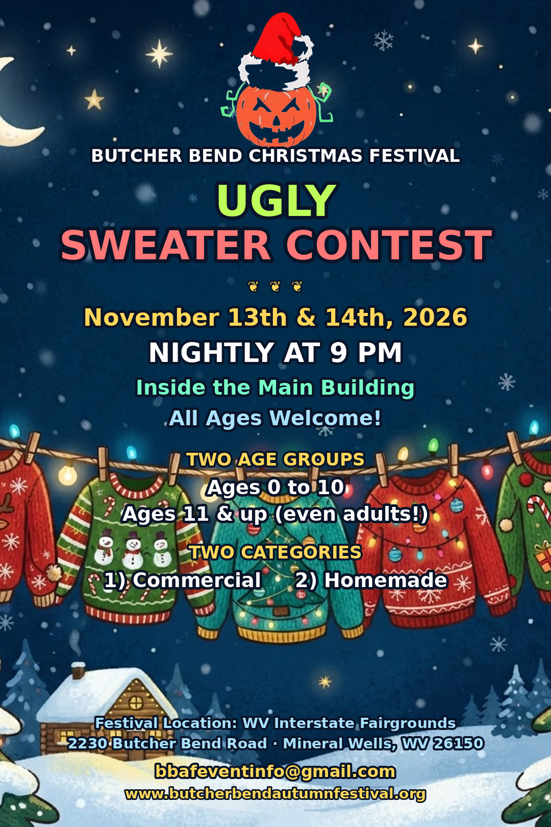 Ugly Sweater Contest flyer โ November 13 and 14, 2026, nightly at 9 PM inside the Main Building, all ages